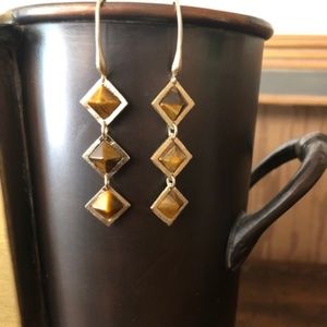 Ona Chan Brushed Gold/Tiger's Eye Three-Stone Diamond Drop Earrings